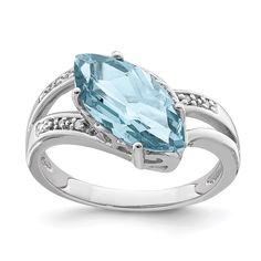 The 'Sterling Silver Rhodium Sky Blue Topaz & Diamond Ring' features a stunning marquise-shaped sky blue topaz stone at its center. This topaz stone has a weight of 3.15 carats and has been irradiated for a radiant blue hue. Surrounding the topaz stone are natural diamonds, with a total weight of 0.060 carats. The ring itself is made of high-quality sterling silver and has a rhodium plating for added shine and durability. The band measures 3mm in width and the stone has a faceted cut to enhance Lemon Quartz Ring, Swiss Blue Topaz Ring, 12 December, Blue Topaz Stone, Sterling Silver Rings Bands, Sky Blue Topaz, Lemon Quartz, Swiss Blue Topaz, Silver Band Ring