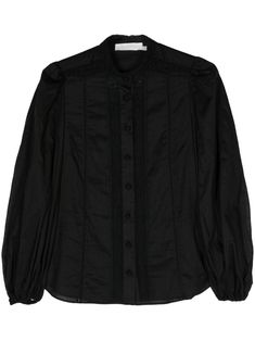 black cotton lace trim band collar front button fastening long puff sleeves elasticated cuffs curved hem Billowy Sleeves, Puff Sleeve Shirt, Long Puff Sleeves, Band Collar, Cotton Voile, Emilio Pucci, Trim Detail, Women Lace, Cotton Lace