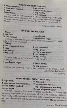 an old recipe book with instructions on how to make pumpkin pies and other treats