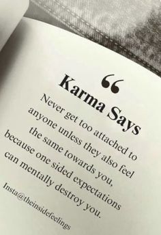 an open book with the words karma says on it