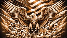 an eagle with the american flag on it's back is shown in black and gold