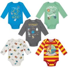 four long - sleeved bodysuits are shown in three different colors and designs