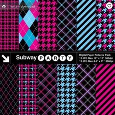 a collection of different colored plaid patterns on black and pink background with text that says subway party