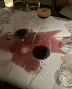 two glasses of red wine are sitting on a table