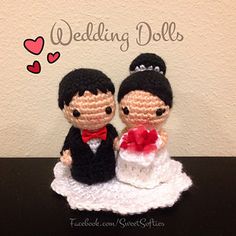 a crocheted bride and groom figurine sitting on a table