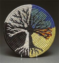 a woven basket with different colors and designs on the bottom, sitting in front of a black background