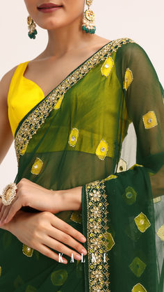 Discover the exquisite sophistication of our emerald green chiffon saree, meticulously crafted for festive celebrations and adorned with an elegant bandhani tie dye. Embellished with delicate kundan embroidery along the border, this saree exudes unparalleled refinement. The ensemble includes an unstitched blouse." Tie Dye Saree, Kundan Embroidery, Saree Look, Saree Designs, Emerald Green, Party Wear