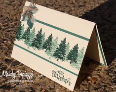 a close up of a christmas card on the ground with trees in it and a bow