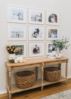 a table with pictures and baskets on it