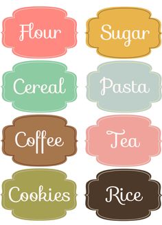 six different colored labels with the words flour, cereal, coffee, tea and rice