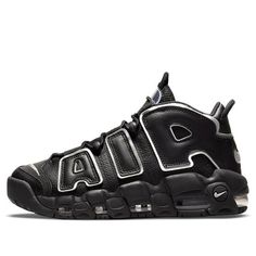 The Nike Air More Uptempo 'Black Metallic Silver' is a stylish sneaker that is perfect for any activity. Its sleek silhouette features a black upper with metallic silver accents, a unique Swoosh, and a removable tongue. The inspiration behind the design is the classic Air More Uptempo series, which is known for its bold and eye-catching designs. The sneaker is suitable for any activity, from running to casual wear. The Nike Air More Uptempo 'Black Metallic Silver' is a perfect combination of style and comfort that is sure to turn heads. (SNKR/Retro/Women's/High Top/Basketball/Wear-resistant) Nike Uptempo Black, Nike Uptempo Sneakers, Nike Uptempo, Nike Air More Uptempo, Nike Air More, Nike Design, Retro Basketball Shoes, Retro Women, Black Metallic