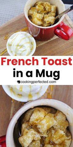 french toast in a mug with whipped cream