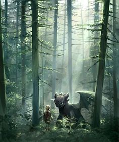 a painting of a dragon and a girl in the woods with trees behind them, looking at each other