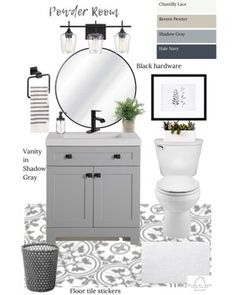 a bathroom with gray and white decor, including a mirror, sink, toilet, and rug