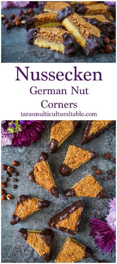 Nussecken (German Nut Corners) next to hazelnuts, chocolate chips, and purple flowers.