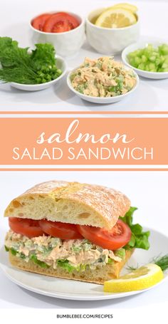 salmon salad sandwich with tomatoes, lettuce and cucumber on the side