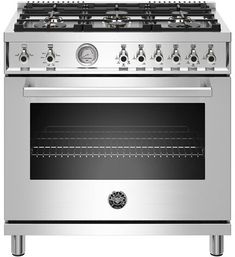 an oven with two burners and four burners on the front, in stainless steel