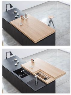 two pictures of a kitchen with an island in the middle