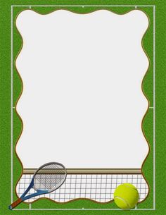 a tennis racket and ball on a court with an empty frame for the text