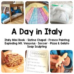 a flyer for a day in italy with pictures of pizzas and other things to eat