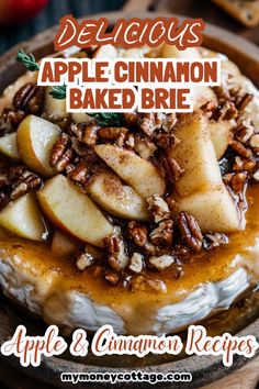 an apple cinnamon baked brie with pecans and caramel on top in a bowl