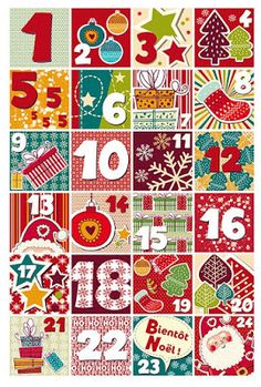 a collage of christmas cards with numbers and ornaments on them, all in different colors