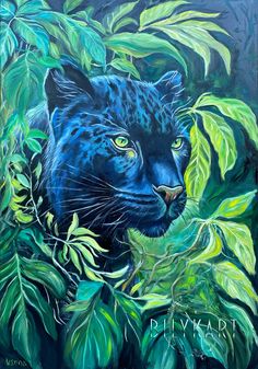 a painting of a black leopard surrounded by green leaves