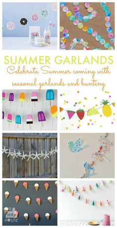 summer garlands and decorations are featured in this collage with the words celebrate summer coming with seasonal garlands and bunting