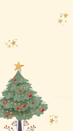 a christmas tree with red berries and gold stars on it's top, in front of a white background