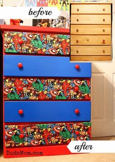 an old dresser has been painted blue and red