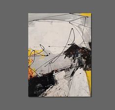 an abstract painting with black, yellow and white lines on it's surface is shown