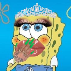 the spongebob is wearing a tiara and has her eyes painted like a princess