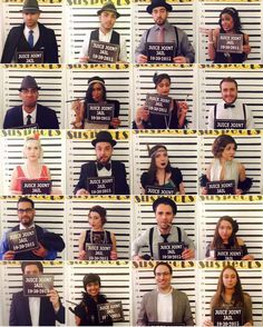 a bunch of people that are holding signs in front of some mugshots with words on them