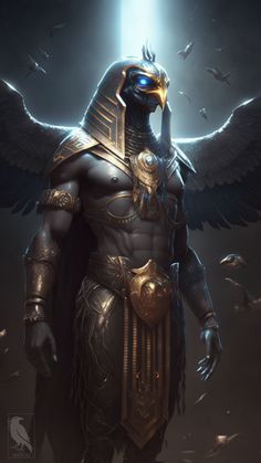 an egyptian warrior standing in the dark with wings on his head and two hands to his face