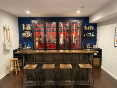 a bar with four stools in front of it