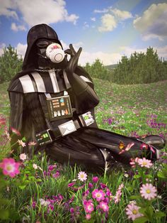 a darth vader sitting on top of a field with flowers in the background