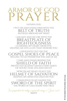 the armor of god prayer card with gold lettering on white paper, featuring words from the bible