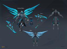 the concept art for an upcoming character in overwatch, including wings and headgear