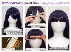 Cosplay Ideas For Beginners, Cosplay Hacks, Wig Styling Tutorial, Wig Tutorial, Razored Haircuts, Cut Bangs, Rainbow Wig, Hair Tinsel