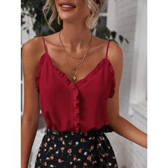 This Top Is Made Of 100% Polyester, And Features A Spaghetti Sleeve And A Ruffle Trim. Fits True To Size. Fabric Offers No Extra Stretch. Length Is Approximately 23'' From Shoulder To Hem. Model Is 5'7'' And Wearing A Small. See Sizing Chart For Recommendations! 523 Wide Straps Top, Backless Cami Top, Preppy Prom, Business Formal Dress, Formal Dresses Gowns, Women Tank Tops, Professional Dresses, Shein Tops, Cami Top