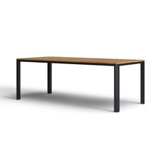 a rectangular table with black legs and a wooden top, viewed from the front view