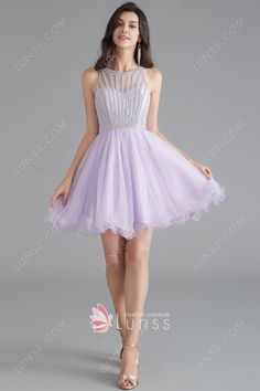 Illusion Lilac Beaded Short Tulle Formal Homecoming Dress - Lunss Lilac Dress Short Couture Candy, Purple And White Cocktail Dress, Lilac Wedding Dresses, Lilac Homecoming Dress, Wedding Dresses Short, Stripped Pattern, White Party Outfit, Homecoming Dress Short, Mini Homecoming Dresses