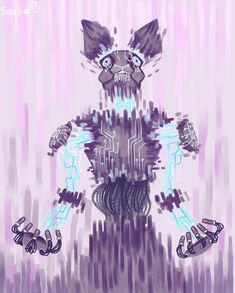 a digital painting of a cat with blue and purple lines on it's body