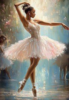 a painting of a ballerina dancer in pink tutu and white dress with ballet shoes