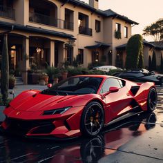 a red sports car is parked in front of a house on a wet street with cars behind it