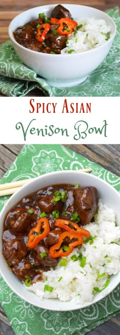 two bowls filled with meat and rice on top of a green table cloth next to chopsticks