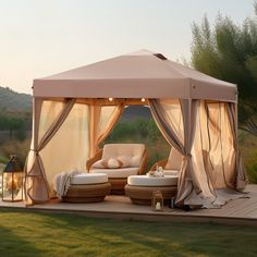 a gazebo sitting on top of a lush green field