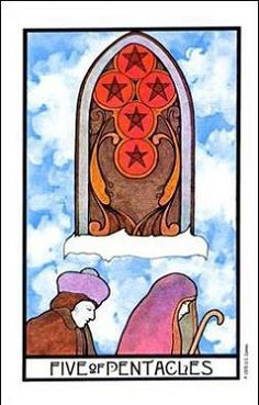 the five of pentacles tarot card with an image of two people standing next to each other