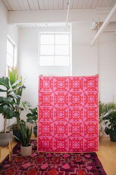 a large red rug sitting on top of a wooden floor next to potted plants