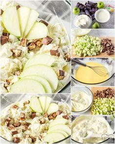 an image of apples being sliced and put in bowls with other ingredients to make it